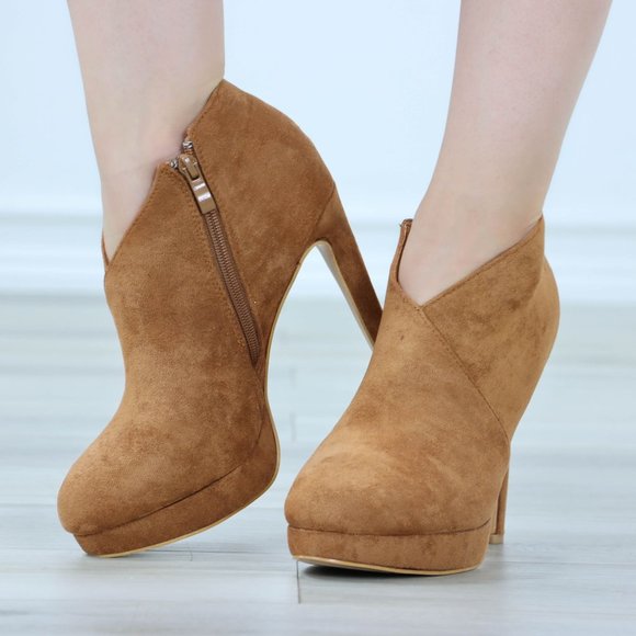Tan High Heel Ankle Boots Platform Stilettos Faux Suede - Picture 9 of 13